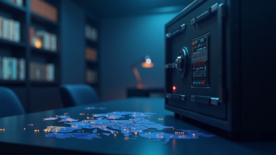 Photorealistic institutional trading desk with EU map, Bitpanda and Deutsche Börse logos, and a secure custody vault.