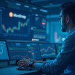 Photorealistic analyst in a newsroom, Bitcoin rally, MicroStrategy logo, blue circuit motifs.