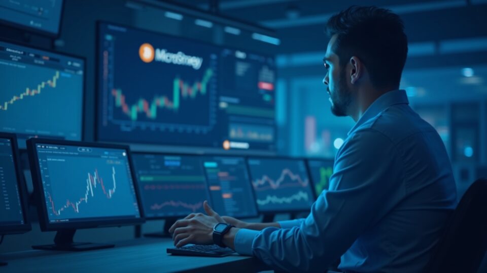 Photorealistic analyst in a newsroom, Bitcoin rally, MicroStrategy logo, blue circuit motifs.