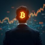Business executive facing a glowing Bitcoin symbol with rising charts and a decentralized network overlay.