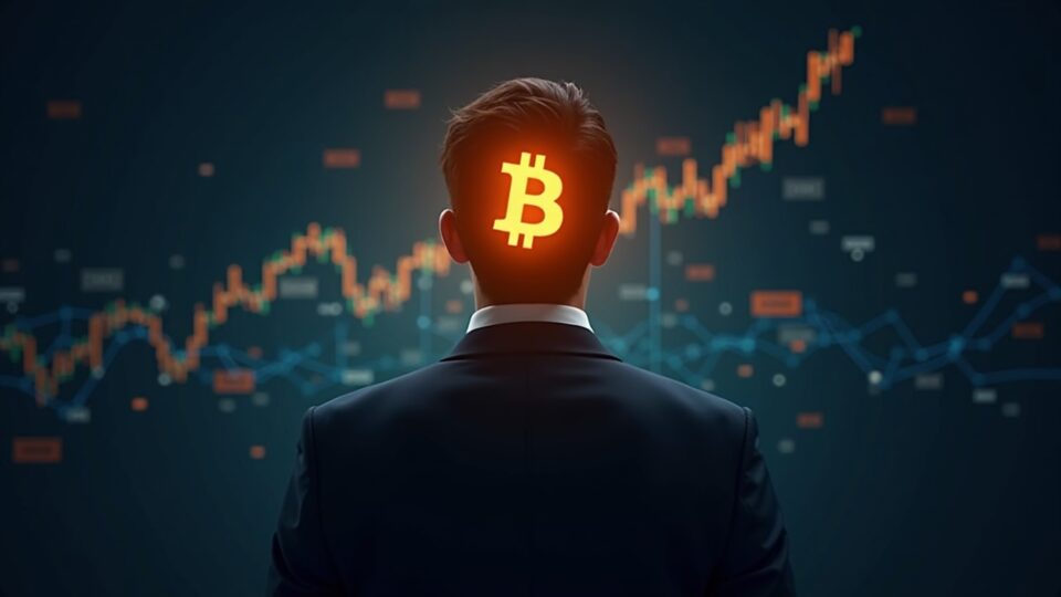Business executive facing a glowing Bitcoin symbol with rising charts and a decentralized network overlay.