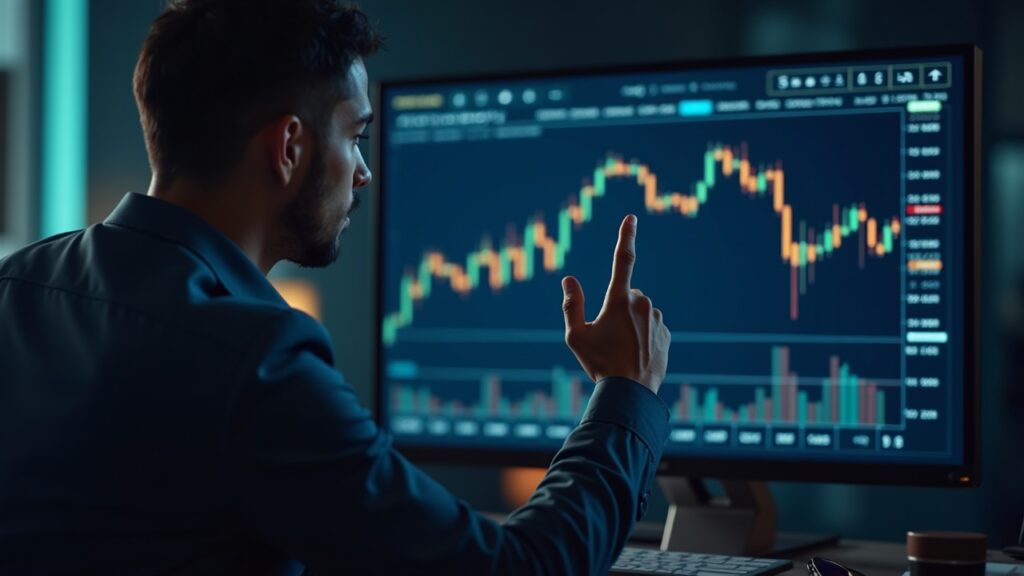 Finance professional reviews a Bitcoin price chart on a large screen with subtle MicroStrategy branding in a modern newsroom.