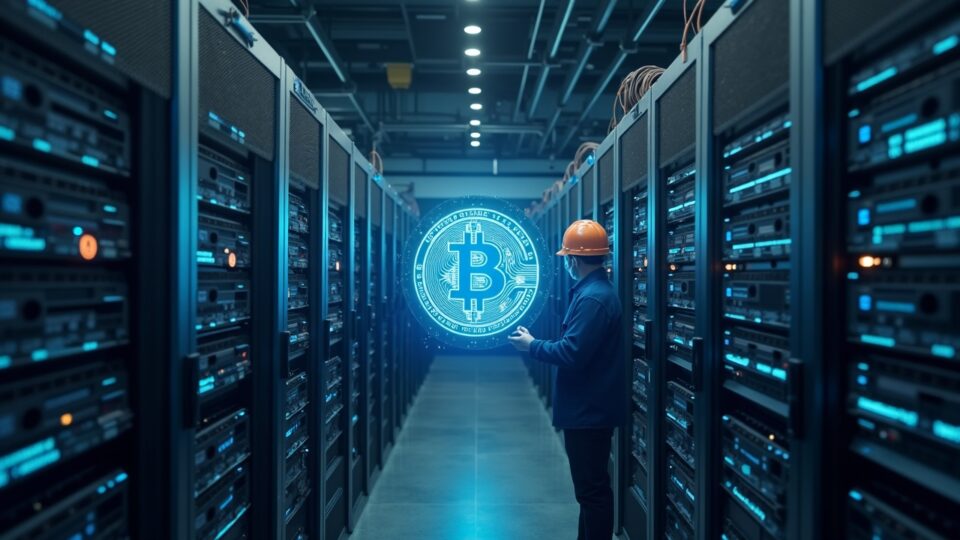 Photorealistic Bitcoin mining farm with an engineer viewing a transparent MiningOS dashboard and modular hardware.