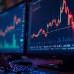 Photorealistic close-up of a crypto trading desk with negative ETH funding rate and bearish chart around $2,110, neon-lit