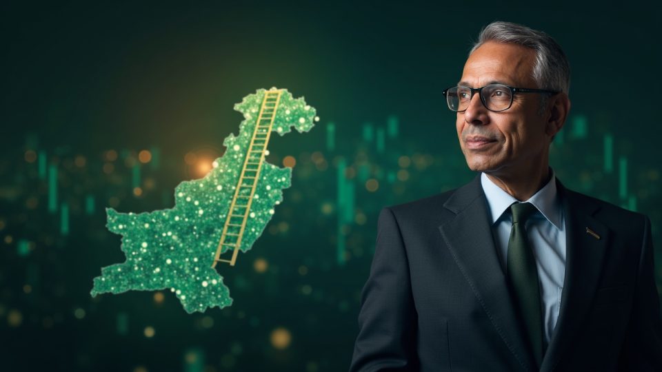 Portrait of a Pakistani regulator in a suit with a glowing crypto network map, flag hues, symbolizing crypto as a ladder.
