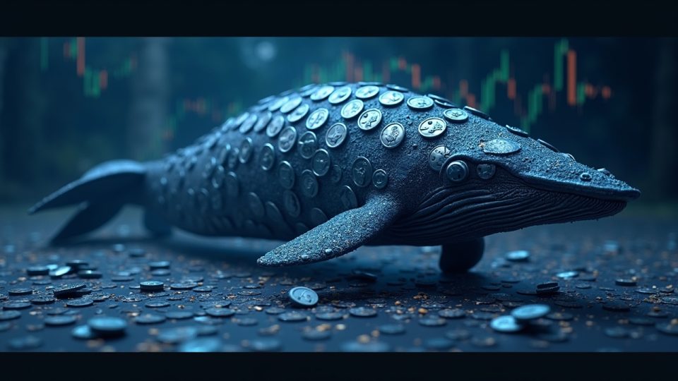 Realistic PEPE-token whale towering over a crypto trading floor, with a downturn chart hinting at recovery.