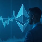 Photorealistic finance executive centered with Ethereum logo and a downtrend chart reflected in glass.