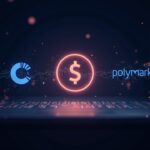 Hyper-realistic trading desk with glowing native USDC, Circle and Polymarket logos, symbolizing on-chain settlement.