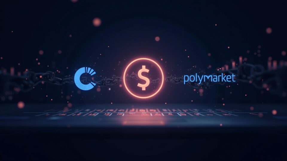Hyper-realistic trading desk with glowing native USDC, Circle and Polymarket logos, symbolizing on-chain settlement.