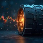 Photorealistic vault morphing into a crypto trading desk, with a glowing 24/7 dollar rail between fiat and crypto.