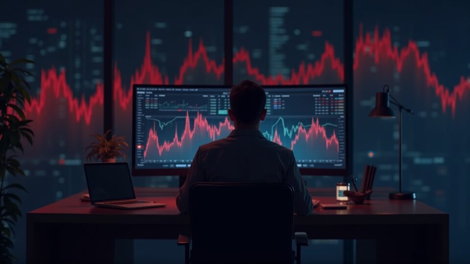 Photorealistic crypto analyst at a sleek desk with red BTC and ETH charts, fear index rising, blockchain backdrop.