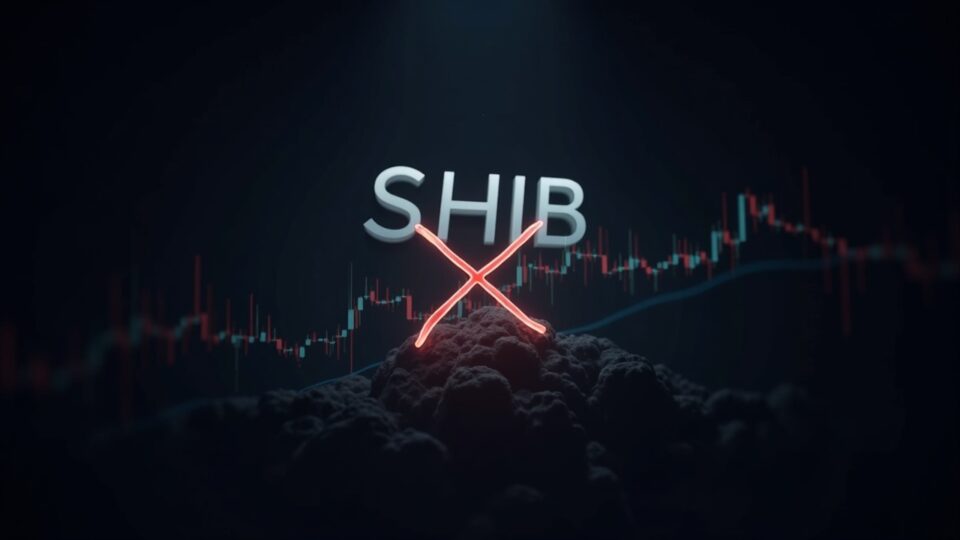 SHIB logo with a collapsing price chart and highlighted death cross on a blockchain backdrop
