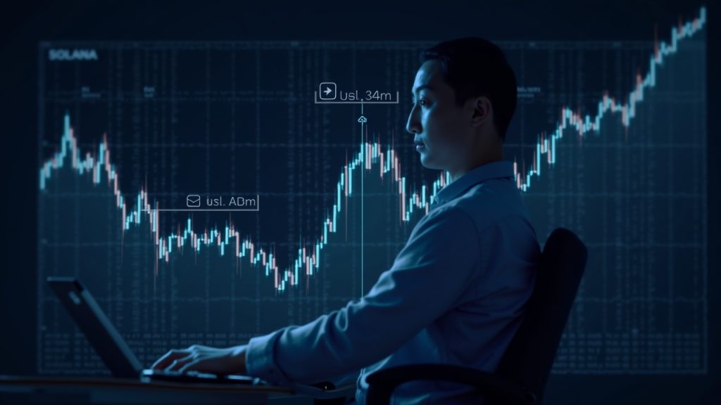 Solana price chart shows a head-and-shoulders breakout toward $42 with a trader on futuristic screens and Solana logo.
