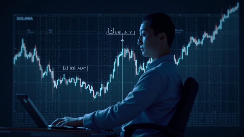 Solana price chart shows a head-and-shoulders breakout toward $42 with a trader on futuristic screens and Solana logo.