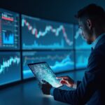 Photorealistic trader reviews three time frame charts showing a head-and-shoulders pattern for Solana on holographic display.