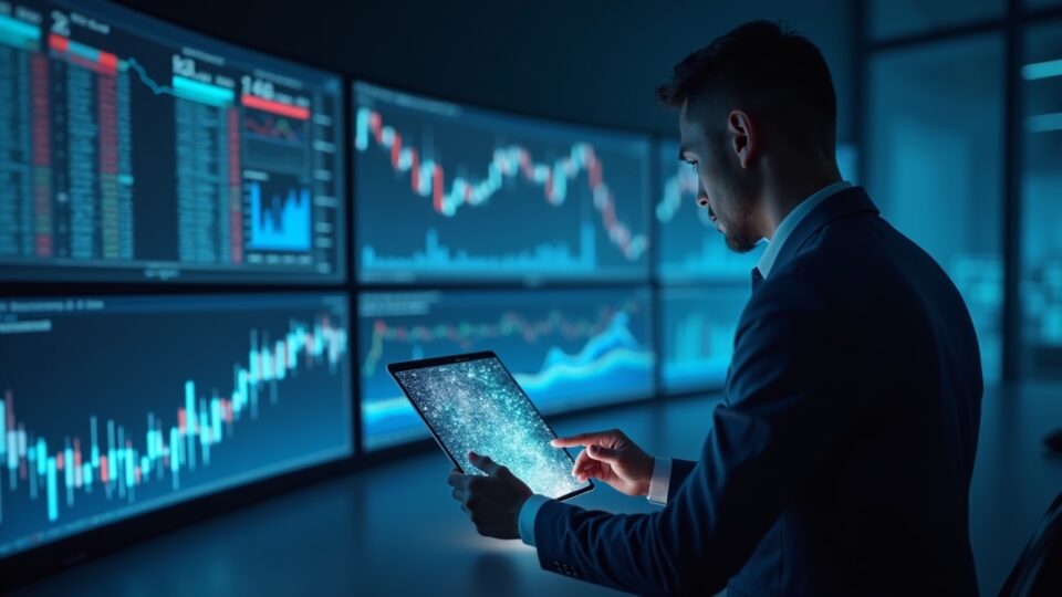 Photorealistic trader reviews three time frame charts showing a head-and-shoulders pattern for Solana on holographic display.