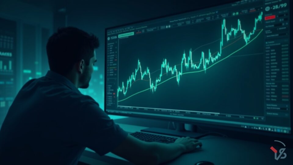 Photorealistic newsroom scene with a trader studying a Solana price chart in a descending channel, glowing SOL logo.