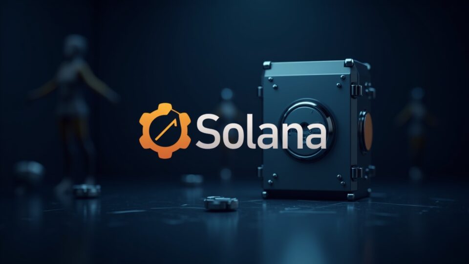 Solana logo beside a vault of tokenized RWAs, a 24/7 liquidity backstop shield, and streaming NAV discount charts.