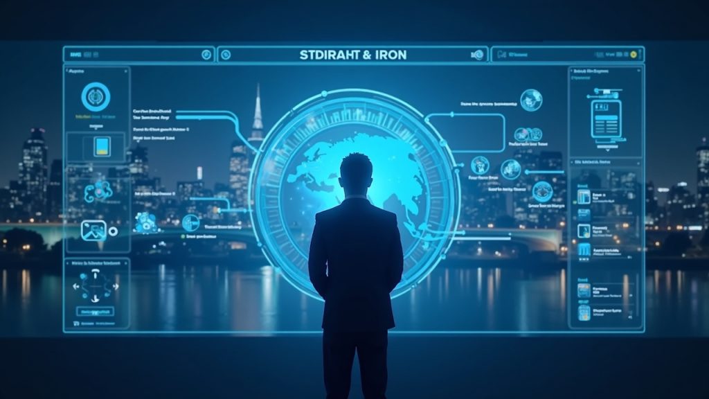 Photorealistic payroll manager with holographic dashboard showing stablecoins to non-custodial wallets, UK and EU