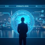 Photorealistic payroll manager with holographic dashboard showing stablecoins to non-custodial wallets, UK and EU