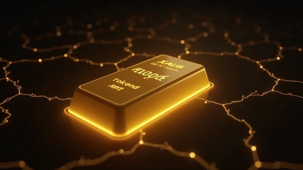 Business professional beside a glowing gold bar with a blockchain circuit overlay, illustrating XAU₮ tokenized gold bridge.