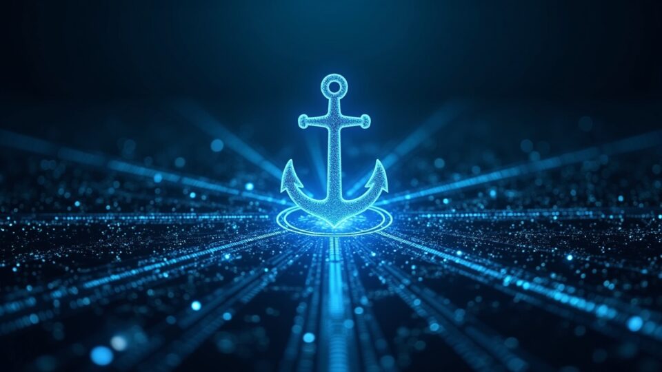 Futuristic hub with a secure anchor merging glowing blockchain strands, signaling USDt0 interoperability and rails.