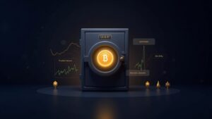 Photorealistic vault with a glowing USDT token, rising market charts, a $1 peg line, and tiny regulatory icons.