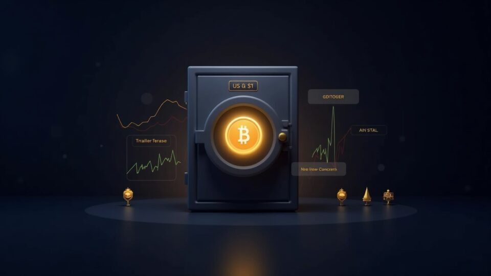 Photorealistic vault with a glowing USDT token, rising market charts, a $1 peg line, and tiny regulatory icons.