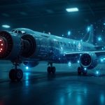 Photorealistic jet engine with crypto tokens and a blockchain ledger, illustrating on-chain aviation assets.