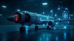 Photorealistic jet engine with crypto tokens and a blockchain ledger, illustrating on-chain aviation assets.