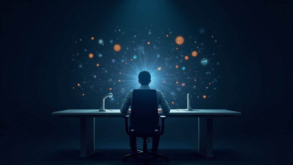 Photorealistic trader at a sleek desk with a holographic panel showing stock tickers and crypto tokens merging.
