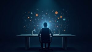 Photorealistic trader at a sleek desk with a holographic panel showing stock tickers and crypto tokens merging.