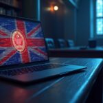 Photorealistic courtroom scene with a digital crypto banner, UK flag, FCA emblem, and HTX on a screen