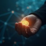Photorealistic hand gripping a glowing crypto token with a dense blockchain backdrop and a distant gavel shadow.