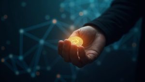Photorealistic hand gripping a glowing crypto token with a dense blockchain backdrop and a distant gavel shadow.
