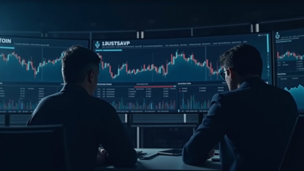 Photorealistic analyst in a modern newsroom watches a UNI price spike chart with BlackRock BUIDL logo and on-chain visuals.