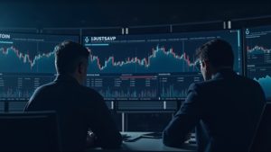 Photorealistic analyst in a modern newsroom watches a UNI price spike chart with BlackRock BUIDL logo and on-chain visuals.