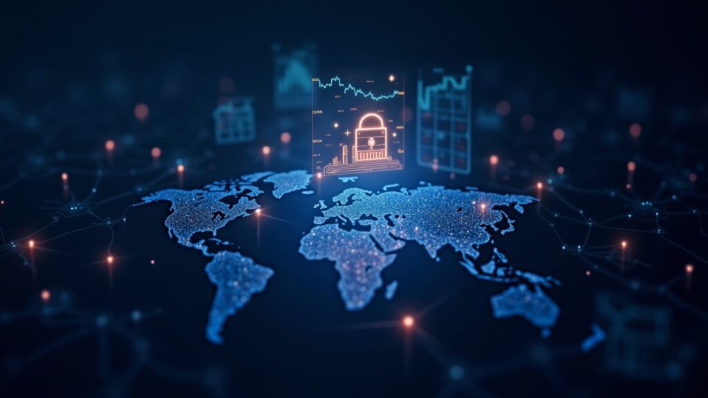 Photorealistic header with a crypto wallet hologram, live market charts, and a global node network.