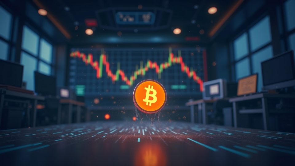 Realistic newsroom scene with Bitcoin logo sliding down a digital price chart as ETF logos fade, signaling large outflows.