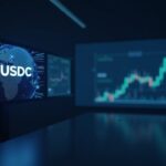 Photo-realistic newsroom with globe and USDC logo on a screen, a falling chart illustrating on-chain vs equity divergence.