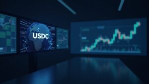 Photo-realistic newsroom with globe and USDC logo on a screen, a falling chart illustrating on-chain vs equity divergence.
