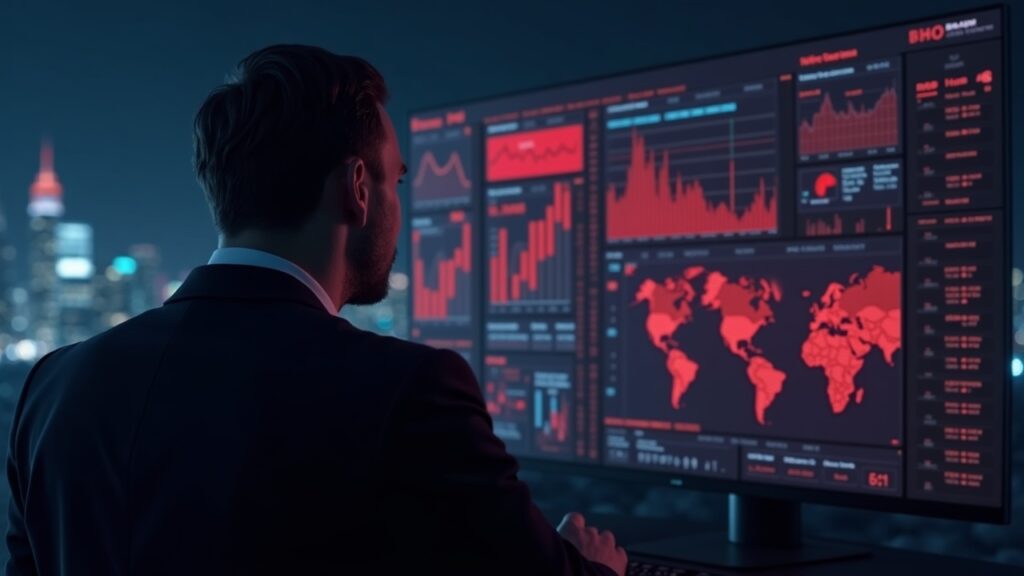 Photorealistic VC in a suit studying a crypto dashboard showing red losses, with a city skyline behind.