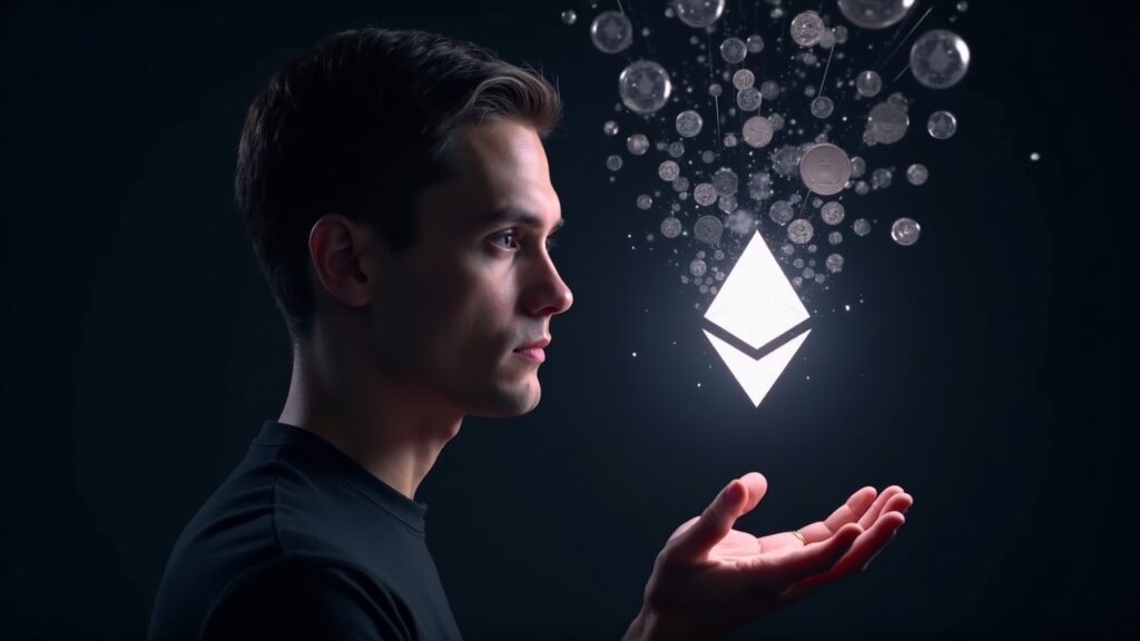 Realistic Vitalik Buterin portrait with streams of tokens converging on a glowing wETH logo