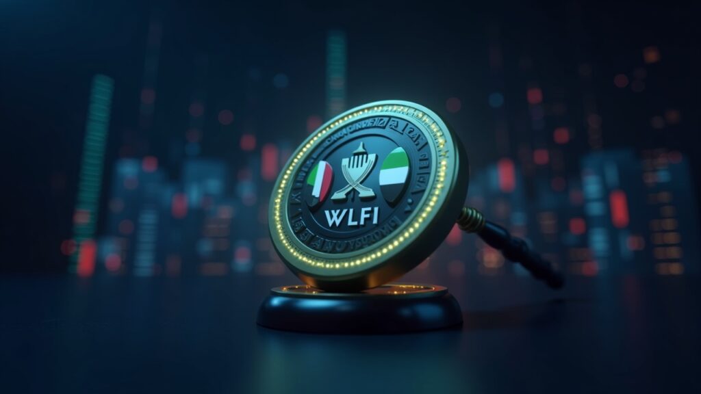 WLFI token logo at center with Trump motif, fluctuating price chart, gavel, and UAE flag hologram in a crypto newsroom.