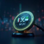 WLFI token logo at center with Trump motif, fluctuating price chart, gavel, and UAE flag hologram in a crypto newsroom.