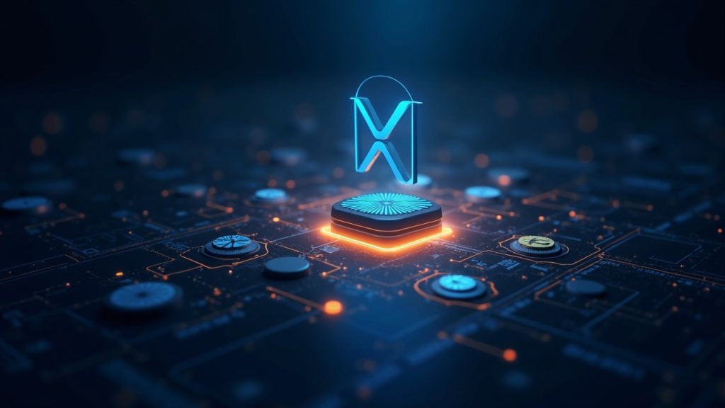 Photorealistic crypto newsroom header featuring a glowing ledger with a central XRP logo and orbiting token icons.
