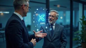 Senior investor in a modern office shakes hands with a Ripple XRPL holographic ledger showing tokenized funds.