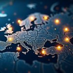 Photorealistic crypto network over Europe with regulatory arrows toward EU, signaling Binance seeking authorization beyond Greece.