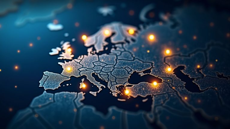 Photorealistic crypto network over Europe with regulatory arrows toward EU, signaling Binance seeking authorization beyond Greece.