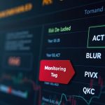 Newsroom header with Binance logo and a red Monitoring Tag on ACT, BLUR, PIVX, QKC risk dashboard.